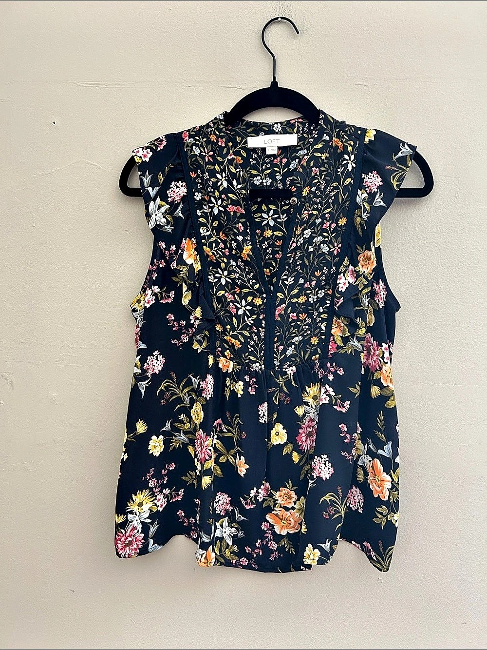 LOFT Floral Flutter Sleeve Mixed Media Blouse, Blue & Pink, Small
